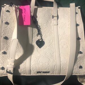 Betsey Johnson Cream Tote Bag with Skull Details